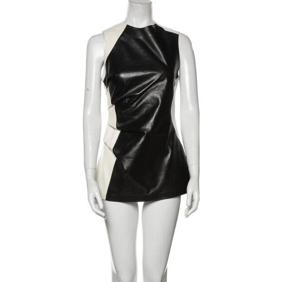 $1590 PROENZA SCHOULER BLACK WHITE RUCHED LEATHER TOP DRESS SIZE 8 - Picture 1 of 6